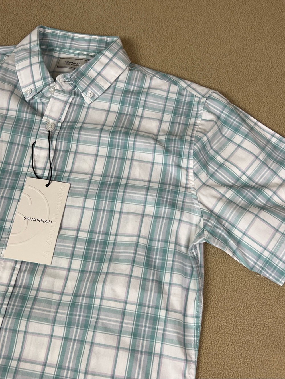 Savannah Button -Down Short Sleeve Shirt, Plaid. Blue & White. Cotton, Sz S